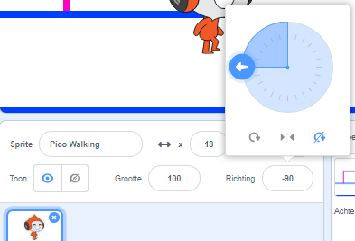 In het venster zien we het woord richting en de eigenschap min 90. Een popup venster boven dat getal toont een cirkel met een pijl vanuit het midden naar links. Onder de cirkel staan twee pijltjes knoppen aangeduid.