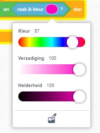 Een popup venster onder het blokje "raak ik kleur" is open.
  Een icoon van een pipet op een schilderij is aangeduid.