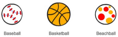 Drie ballen zijn te zien: een honkbal, een basketbal en een strandbal.