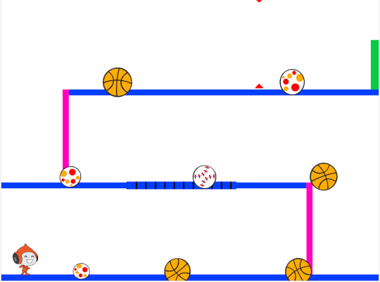 
          Er zijn 8 ballen te ontwijken in dit spel. Het te besturen personage
          staat links onderaan op het gelijkvloers. Er zijn nog twee
          verdiepingen, en de groene deur die we willen bereiken is rechts
          bovenaan.