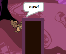 De vleermuis botst tegen de muur. Er staat een tekstballon met de tekst: auw!