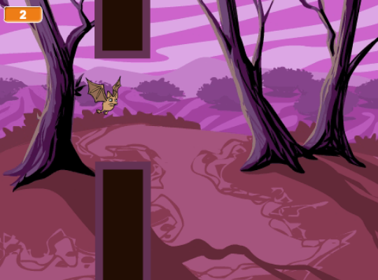 In het Flappy Bat spel is een vleermuis die door een griezelig
          bos vliegt. We zien een dwarsdoorsnede van een muur met een gat
          waartussen de vleermuis moet proberen vliegen. Links bovenaan is de
          score variabele weergegeven met de waarde 2.