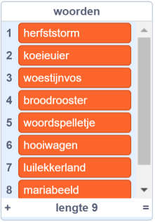 Dialoog met de titel "woorden" en een lijst van 9 woorden