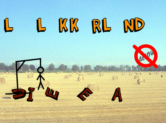 Op een veld staat een tekening van een ventje dat aan de galg
          hangt. Op de grond liggen de letters U, I, E, E en A. In de lucht
          staan de letters L, L, K, K, R, L, N en D.
