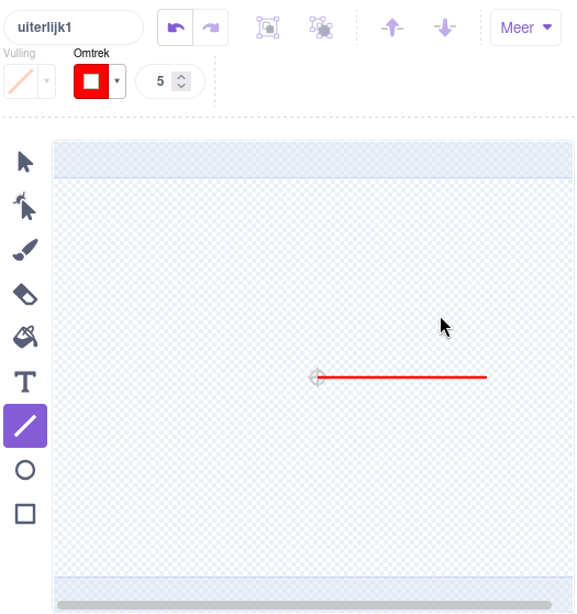 Het uiterlijk van de seconde wijzer wordt bewerkt.
Links is de knop met de schuine streep waarmee je lijnen kan trekken, bovenaan links kan je de kleur en de dikte van de lijn aanpassen.