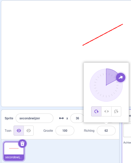 Het info paneel van de sprite met de richting op 62 graden.