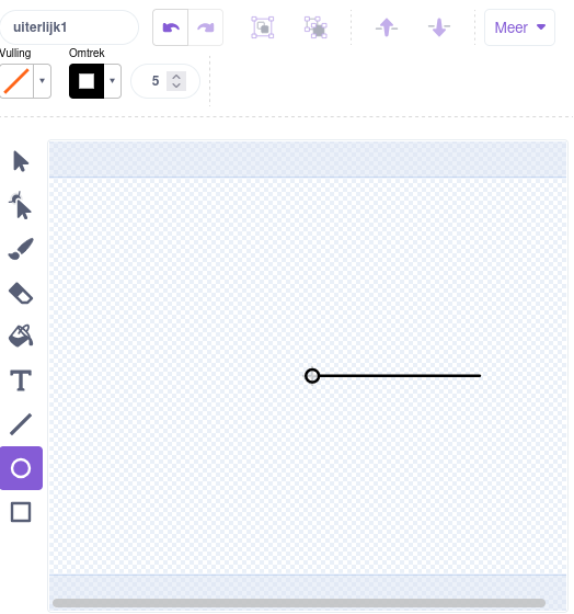 Het uiterlijk van de minuten wijzer wordt bewerkt in vector modus.
Er zijn twee dingen aangeduid: rechts bovenaan is de knop met het pijltje om te kiezen, en ergens daaronder het gereedschap om een cirkel te tekenen.