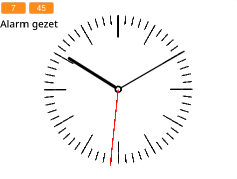 Op een witte achtergrond staat een ronde analoge klok met drie wijzers.
          De wijzerplaat heeft geen nummers en langere streepjes om het uur aan te duiden.
          Links bovenaan staan de variabelen alarm uur en alarm minuten allebei met de waarde 0.
          Links onder staat een knop zet alarm.