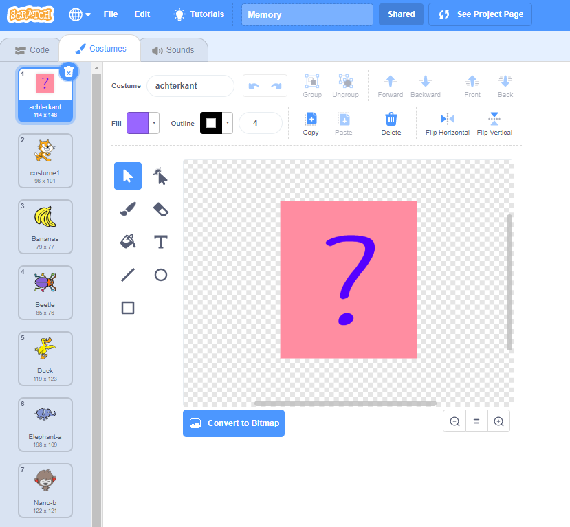 Het tabblad kostuums staat open. De sprite heeft één kostuum die achterkant heet, en een vraagteken toont. Er zijn ook 12 andere kostuums.