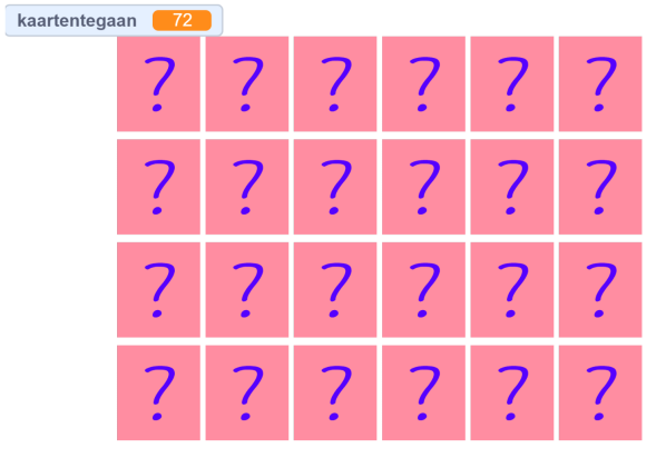Een rooster van 24 sprites in 4 rijen die hun achterkant uiterlijk tonen,
en bovenaan de variabele kaarten te gaan met de waarde 72.