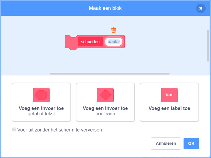 Dialoog met de titel maak een blok. Er staat een blok met de naam schudden met invoer genaamd aantal.