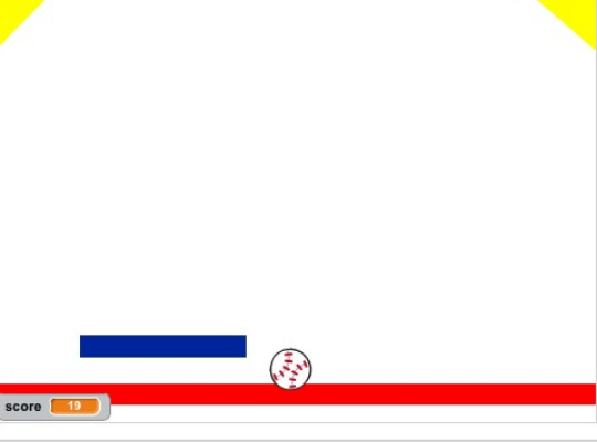 Het pong spel heeft een rode vloer, het pallet (de plank) is
          blauw, de achtergrond is wit en in de bovenhoeken is het geel. Links
          onderaan is de score variabele weergegeven met de waarde 19.