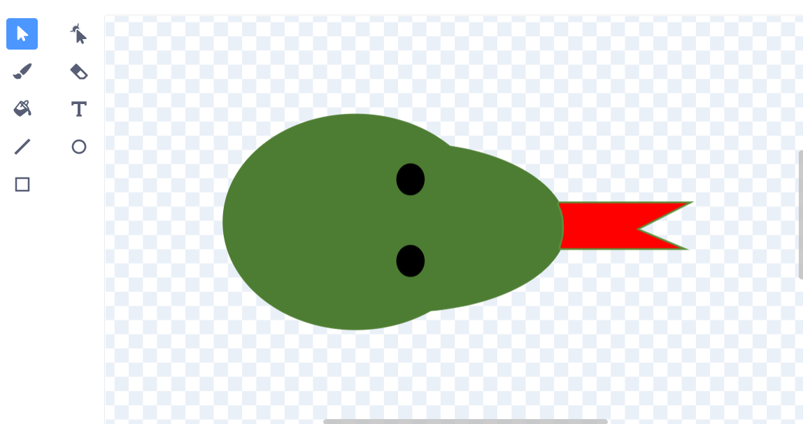 Twee groene circels en een rode tong stellen een slangenhoofd voor.