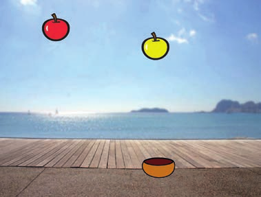 Twee appels zijn in de lucht, en de kom is onder de gele appel.