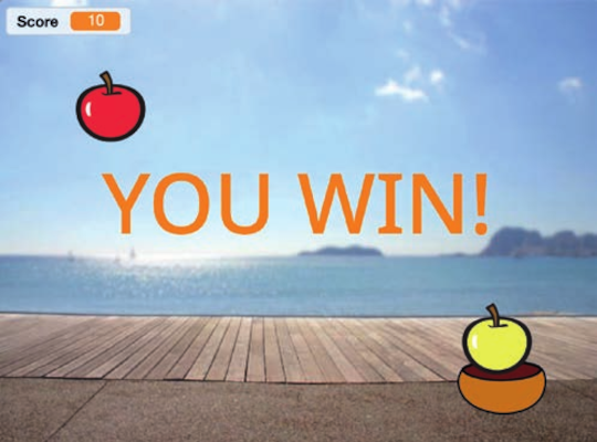 Het vang spel heeft een uitzicht op een baai op zee.
          Er is één appel in de lucht en één in een kom.
          In het midden staat de tekst 'you win!'.
          Bovenaan is een score variabele weergegeven met de waarde 10.